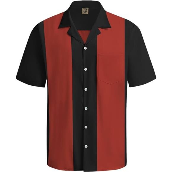 Men's Camp Collar Retro Vintage Bowling Button Down Shirt with Pocket - Picture 1 of 7
